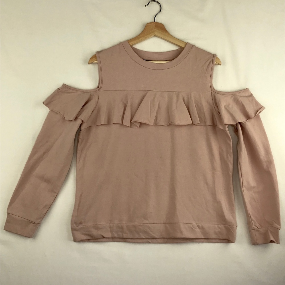 Polly & Esther Juniors Medium Sweatshirt Blush Pink Long Sleeves Cold Shoulder